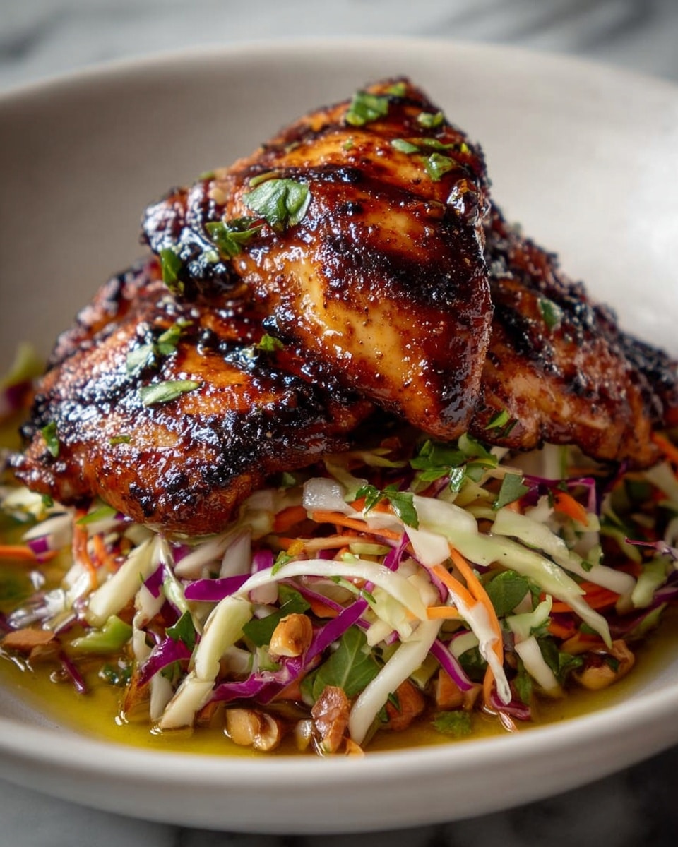 The dish shows three pieces of grilled chicken arranged on top of a mound of colorful coleslaw. The chicken has a rich, dark brown char with a glossy glaze, showing textures of grilled skin with some crisp edges. Beneath the chicken, the coleslaw has thin strips of purple cabbage, white cabbage, and orange carrot, mixed with green herbs and small pieces of nuts, all coated lightly in a shiny dressing that pools around the base. The bowl is white and sits on a white marbled surface. The close-up view highlights the juicy, glazed chicken sitting neatly on the fresh, crunchy coleslaw layers. photo taken with an iphone --ar 4:5 --v 7