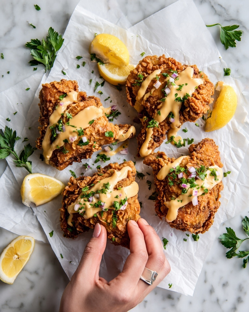 The image shows four pieces of golden brown fried chicken with a crunchy texture, scattered on white parchment paper placed on a white marbled surface. Each piece is topped with a light orange creamy sauce drizzled unevenly over the crispy chicken. Small bits of chopped red onion and green herbs are sprinkled across the chicken, adding pops of color. Around the chicken, there are bright yellow lemon wedges and a few fresh green herb leaves enhancing the fresh look. A woman's hand is gently touching the top right piece of chicken. Photo taken with an iphone --ar 4:5 --v 7