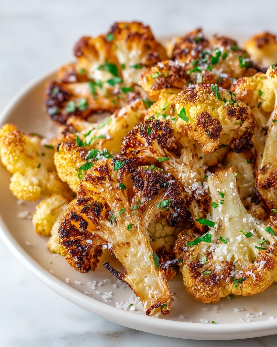 The image shows several pieces of roasted cauliflower with a golden brown color and crispy edges. Each piece is covered with small white salt crystals and sprinkled with fresh chopped green herbs. The cauliflower textures vary from smooth and creamy inside to crunchy on the outside, arranged in a close-up view creating a layered effect with overlapping florets. The dish is on a white plate with a white marbled background. photo taken with an iphone --ar 4:5 --v 7