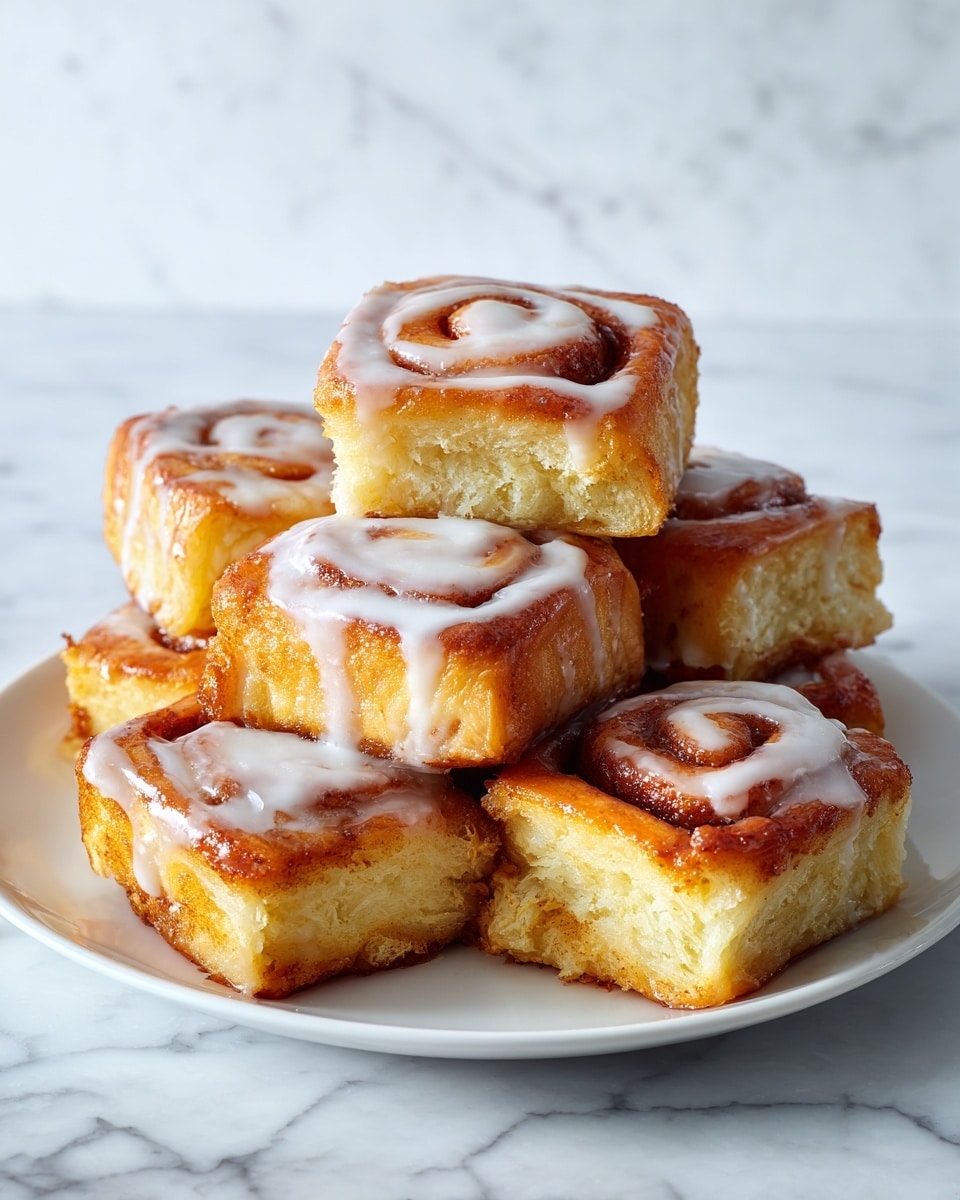 A close-up image shows several square pieces of cinnamon roll bars stacked on a round white plate. Each piece has a golden-brown base layer with a soft and slightly crumbly texture, topped by a rich, gooey layer mixed with swirled cinnamon and chunks of nuts, all coated with a shiny, white glaze drizzled unevenly across the top. The plate is placed on a white marbled surface, adding a clean and bright background to highlight the warm tones of the bars. Photo taken with an iphone --ar 4:5 --v 7