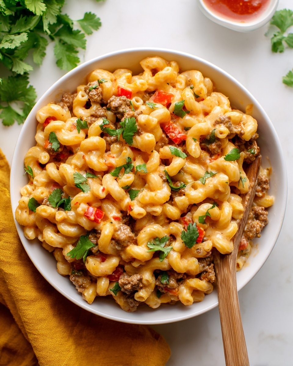 A close-up of a large white pan filled with a creamy macaroni dish made of small elbow pasta, cooked ground beef, and diced red bell peppers, all mixed in a light brown sauce. The dish is sprinkled with fresh green cilantro leaves on top and mixed evenly throughout. A wooden spoon with a wrapped handle rests inside the pan, lifting a scoop of the pasta mixture. The pan sits on a white marbled surface with a bunch of fresh cilantro and a bowl of red salsa in the background, along with a folded yellow cloth nearby. photo taken with an iphone --ar 4:5 --v 7