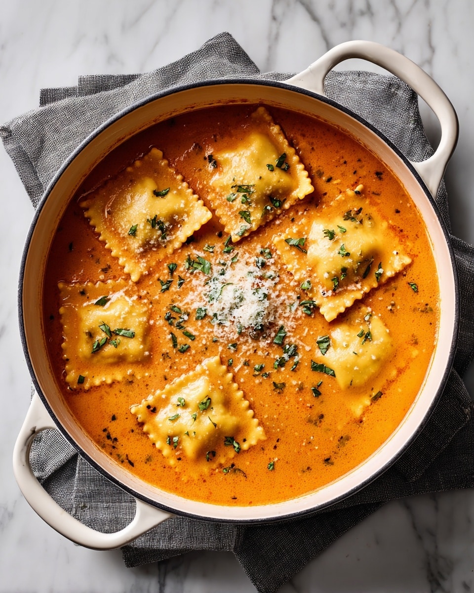 A close-up view of a white pot filled with a creamy orange soup, showing eight large ravioli pasta pieces floating on the surface. The soup is thick with a smooth texture and small herb bits. On top of the ravioli, there is a sprinkling of finely chopped green basil and a generous dusting of grated cheese in the center, creating a light contrast with the orange soup. The pot is placed on a gray cloth, and the background is a white marbled texture. Photo taken with an iphone --ar 4:5 --v 7