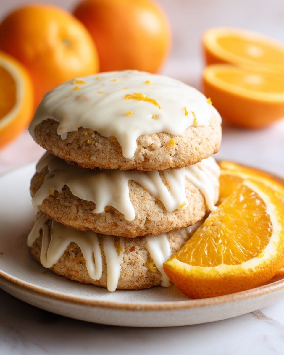A stack of three round cookies placed in the center of a white plate with a shiny surface, each cookie having a rough texture with small bits inside, topped with white icing drizzled roughly in lines and small orange zest pieces scattered on top. The plate sits on a white marbled surface with halved and whole bright orange fruits around it, adding a fresh and colorful background. The cookies have a golden-brown color that contrasts with the white icing and orange decoration. Photo taken with an iphone --ar 4:5 --v 7