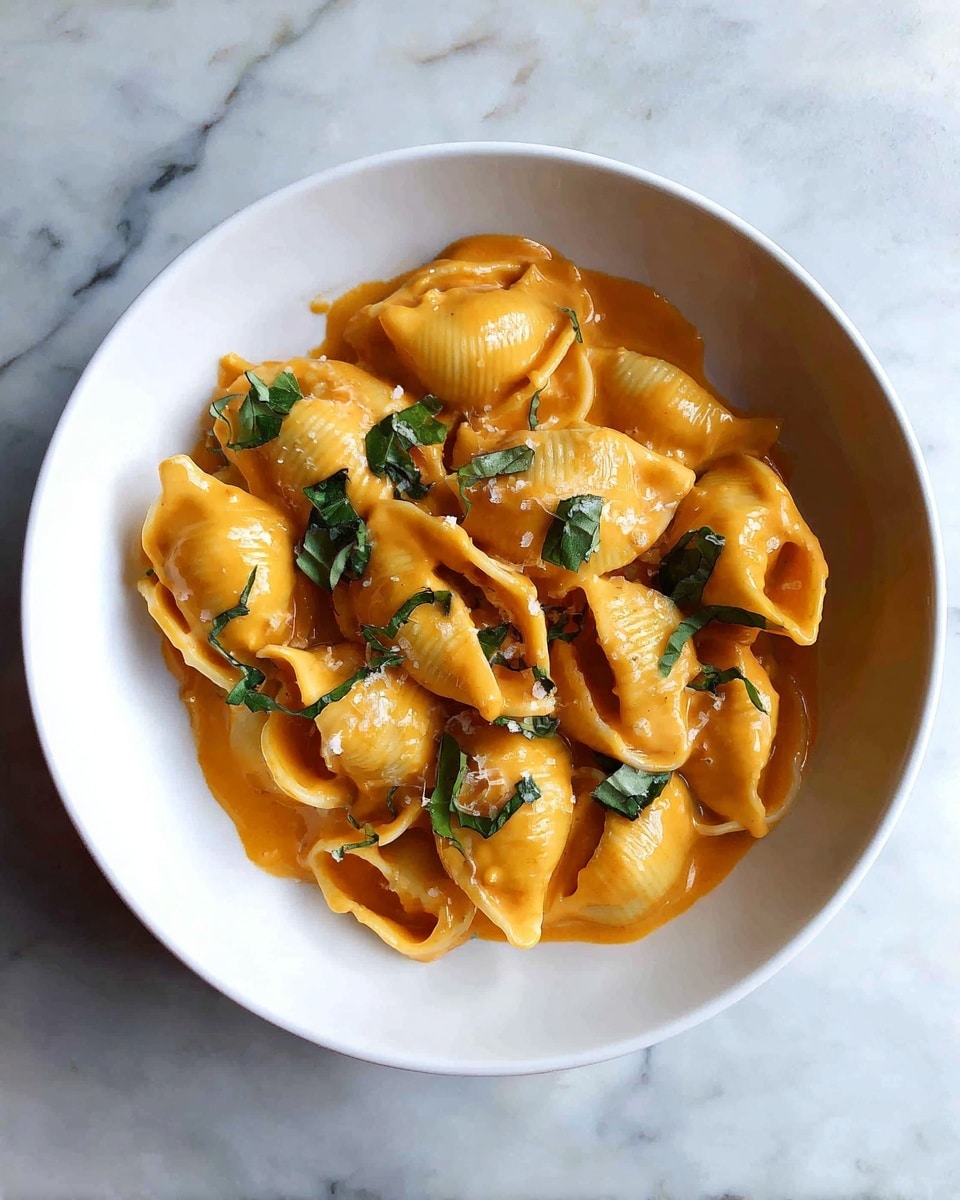 A white bowl filled with a creamy orange pasta dish, featuring large shell-shaped pasta pieces layered in a thick, cheesy sauce with a slightly browned top. Scattered on top are whole green sage leaves adding contrast and texture. The creamy sauce looks smooth and rich, covering the pasta evenly. The bowl sits on a white marbled surface, and a woman's hand holding a silver fork is visible on the left side. Photo taken with an iphone --ar 4:5 --v 7