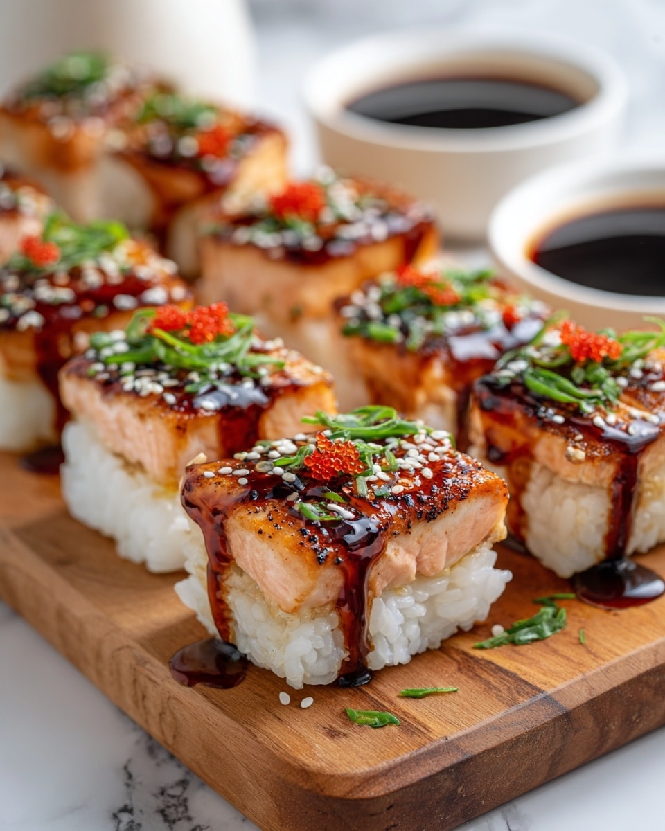 The image shows square pieces of sushi arranged on a wooden board, each with two main layers: a bottom layer of sticky white rice and a thick top layer of grilled salmon that has a slightly crispy, caramelized texture. The salmon is drizzled with a dark, glossy sauce and sprinkled with white sesame seeds, green chopped scallions, and bright red fish roe on top. In the background, there are small white bowls filled with dark soy sauce, all set on a white marbled surface. photo taken with an iphone --ar 4:5 --v 7