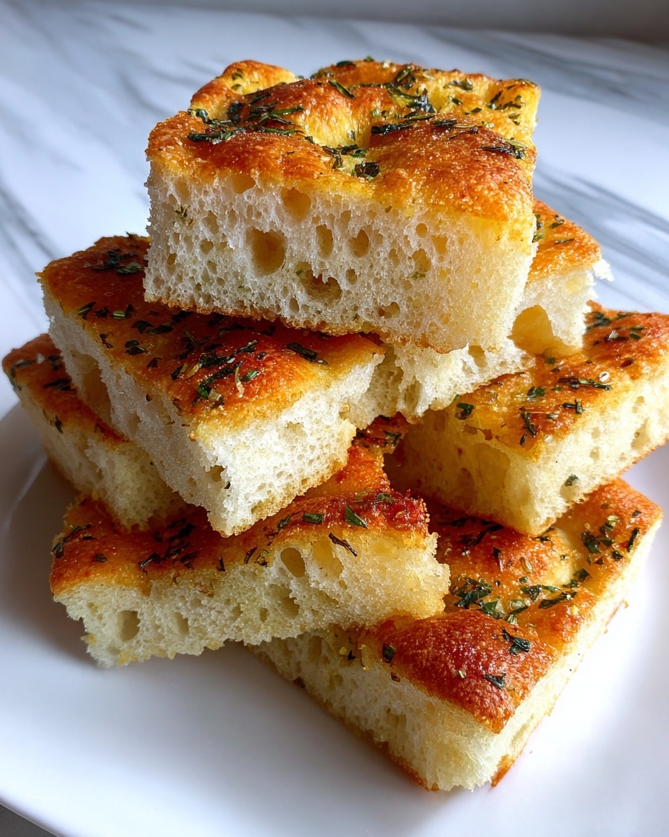 A close-up view of several square pieces of focaccia bread stacked in two uneven layers on a white plate. Each piece has a golden-brown top with a crispy texture sprinkled with green herbs. The inside is soft and airy with visible large air pockets throughout the white crumb. The plate sits on a white marbled textured surface. photo taken with an iphone --ar 4:5 --v 7