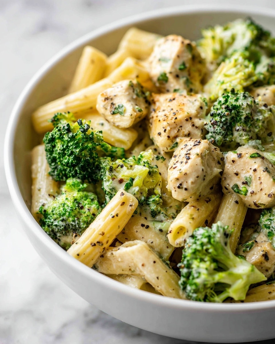 The close-up image shows a bowl filled with cooked pasta, broccoli, and chicken pieces mixed with a creamy sauce. The pasta is light beige with a soft, smooth texture, layered unevenly with bright green broccoli florets that have a fresh, slightly rough texture. The chicken pieces are pale with a few herbs and black pepper specks, tender-looking and coated in the creamy sauce that lightly glistens on the surface. The bowl is white, set on a white marbled background. photo taken with an iphone --ar 4:5 --v 7