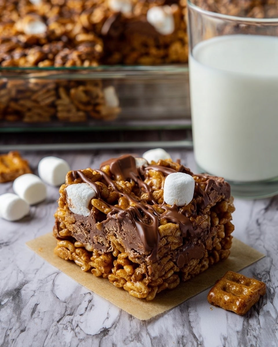 The image shows a square piece of a snack made with layers of golden brown cereal squares mixed with melted chocolate and some white marshmallows on top and inside. The texture looks sticky and gooey from the chocolate that binds the cereal pieces together. The snack is placed on a small square piece of parchment paper on a surface with a white marbled texture. In the background, there is a glass of white milk on the right side, almost full, and a large dish filled with more of the same snack, slightly out of focus. One marshmallow and some cereal pieces lie scattered near the snack. Photo taken with an iphone --ar 4:5 --v 7