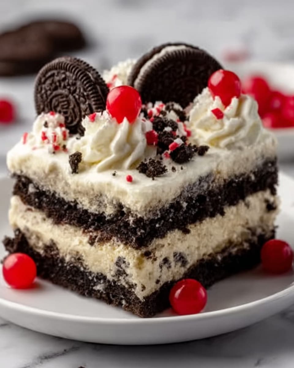 A square slice of cake with three visible layers sits on a white plate. The bottom layer is dark chocolate cookie crumbs, dense and slightly crumbly. Above it is a thick white cream layer, smooth and soft. The middle layer is again dark chocolate cookie crumbs, matching the bottom layer. The top layer is white cream, thick and swirled with peaks, decorated with whole dark chocolate sandwich cookies placed standing up, and small bright red cherries scattered on and around the cake. The background is a white marbled surface. Photo taken with an iphone --ar 4:5 --v 7
