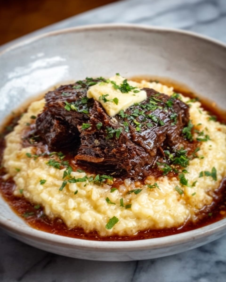 The image shows a close-up of a large piece of dark brown braised beef placed on a bed of creamy, light beige risotto with a soft, thick texture. Surrounding the beef is a rich, deep red tomato-based sauce that looks thick and smooth. On top of the beef, there is a small dollop of white creamy sauce with green herbs sprinkled over it, adding a fresh touch. The dish is served on a white plate that contrasts with the colors of the food. The background is a white marbled surface. photo taken with an iphone --ar 4:5 --v 7
