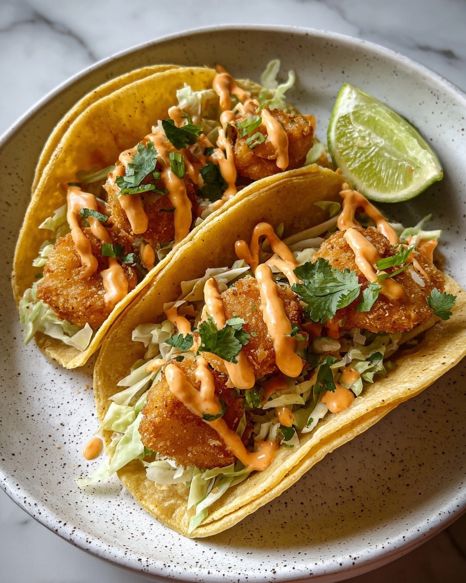 Two crispy fried shrimp tacos are placed side by side on a white plate with speckled texture. Each taco has a soft, slightly toasted yellow corn tortilla shell filled with layers of shredded pale green cabbage at the bottom, topped with golden-brown fried shrimp pieces. The shrimp are drizzled with a creamy orange spicy sauce and sprinkled with fresh chopped green cilantro. A wedge of lime sits on the plate next to the right taco. The plate rests on a white marbled surface. photo taken with an iphone --ar 4:5 --v 7