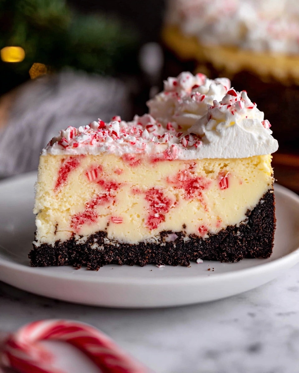 A slice of layered cheesecake on a white plate shows three clear layers: the bottom layer is a dark, crumbly chocolate crust; the middle layer is creamy yellow cheesecake speckled with bright red swirls; the top layer is thick white whipped cream decorated with small crushed red and white peppermint pieces. The background features a white marbled texture with some out-of-focus greenery on the side and blurred candy canes in the foreground. photo taken with an iphone --ar 4:5 --v 7