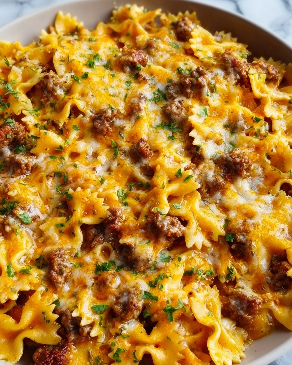 A close-up view of a white plate filled with baked pasta made of bow-tie noodles, covered in a thick layer of melted yellow and orange cheese with some browned spots on top. Small pieces of browned meat and chopped green herbs are scattered evenly across the surface, adding texture and color contrast to the creamy, slightly crispy pasta. The dish looks warm and gooey with a mix of soft pasta visible beneath the cheese. The background shows a white marbled texture. Photo taken with an iphone --ar 4:5 --v 7