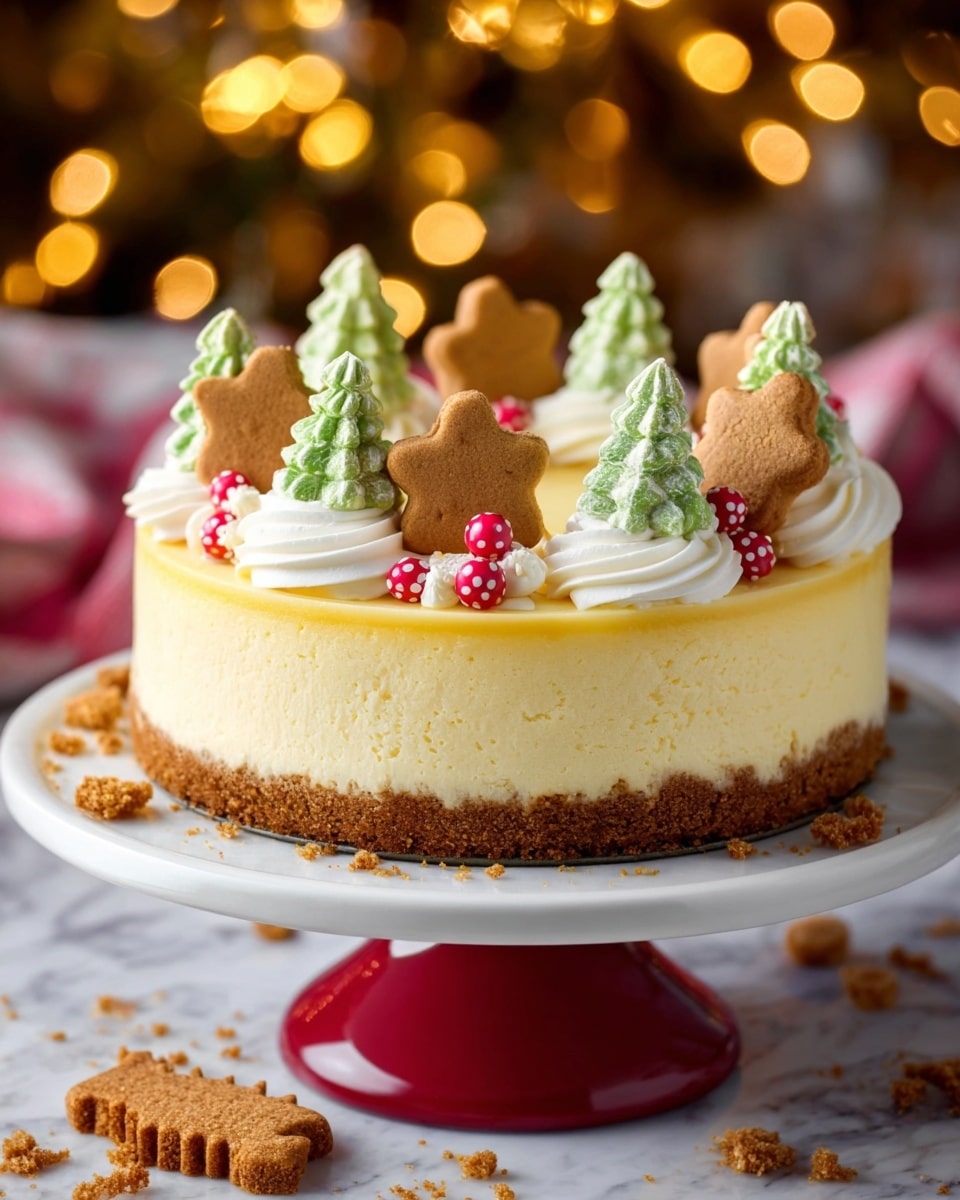 A creamy cheesecake sits on a white plate with a red cake stand, showing three clear layers: a thick brown crumbly crust at the bottom, a smooth pale yellow cheesecake middle, and a thin yellow top layer. The cake is decorated along the edge with white whipped cream swirls, green Christmas tree-shaped cookies, brown star-shaped cookies, and small red and white round candies with polka dots. Crumbs and candies are scattered around the base on a white marbled surface, with soft warm lights glowing in the blurred background. photo taken with an iphone --ar 4:5 --v 7