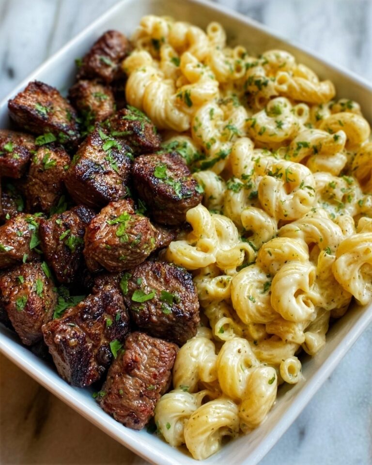 Steak Bites and Shell Pasta in Garlic Butter Alfredo Sauce Recipe