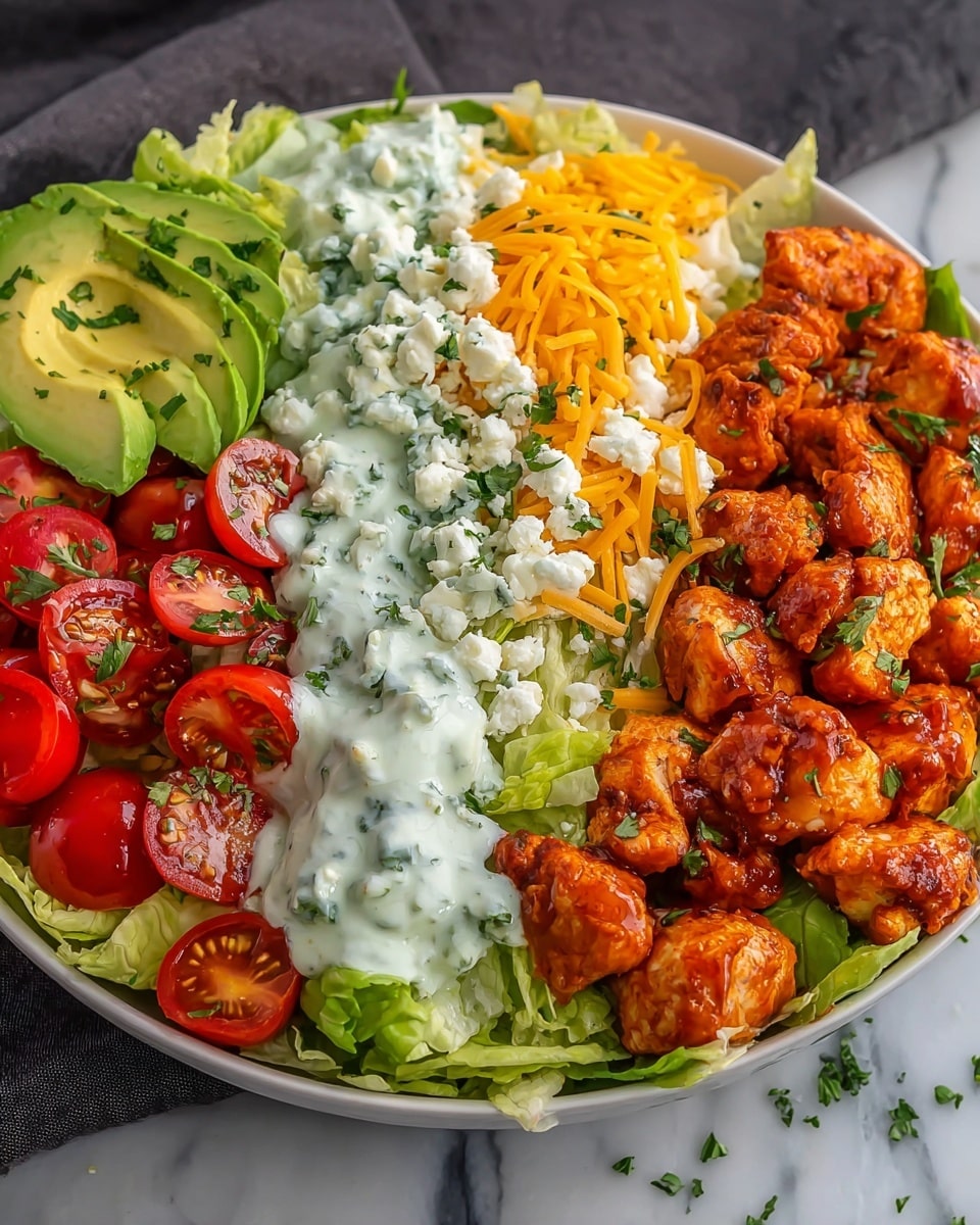 A white bowl holds a colorful layered salad on a white marbled surface; the bottom layer is fresh green lettuce and white rice, topped on one side with bright orange shredded cheddar cheese, next to a pile of crumbled white cheese and a drizzle of creamy white herb sauce with green flecks. The right side shows vibrant orange glazed grilled chicken pieces, while the left side has halved red cherry tomatoes and thinly sliced green avocado sprinkled with chopped herbs, creating a fresh and appetizing look. Photo taken with an iphone --ar 4:5 --v 7