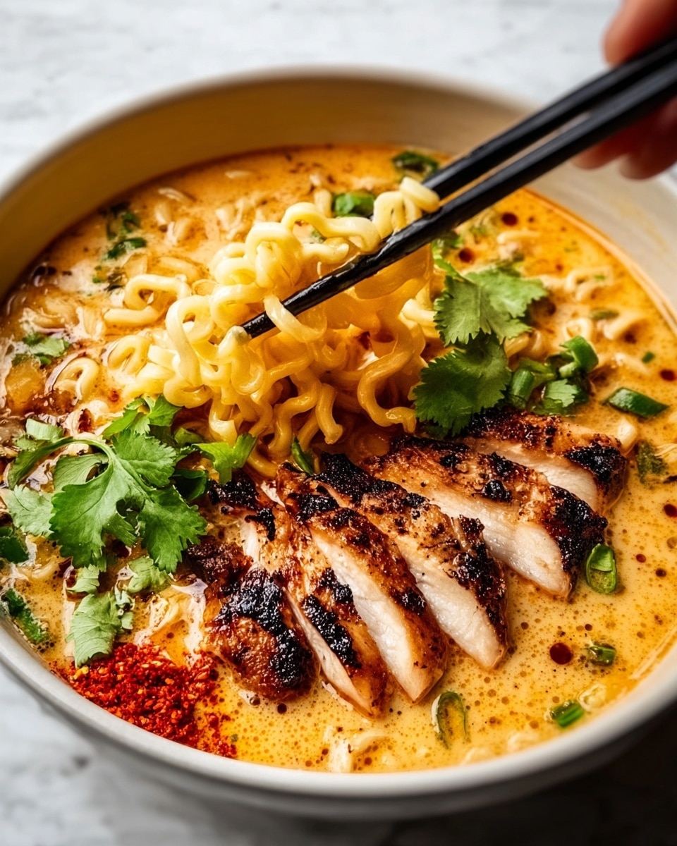 A bowl of rich, creamy ramen soup with three layers visible: at the bottom is a light orange broth with small green onion pieces floating around, above this are thick, wavy yellow noodles lifted by black chopsticks held by a woman's hand, and on the side are several slices of grilled chicken with dark brown char marks and white inside, topped with fresh green cilantro leaves and a small mound of bright red chili powder near the chicken. The bowl is white and sits on a white marbled surface. photo taken with an iphone --ar 4:5 --v 7