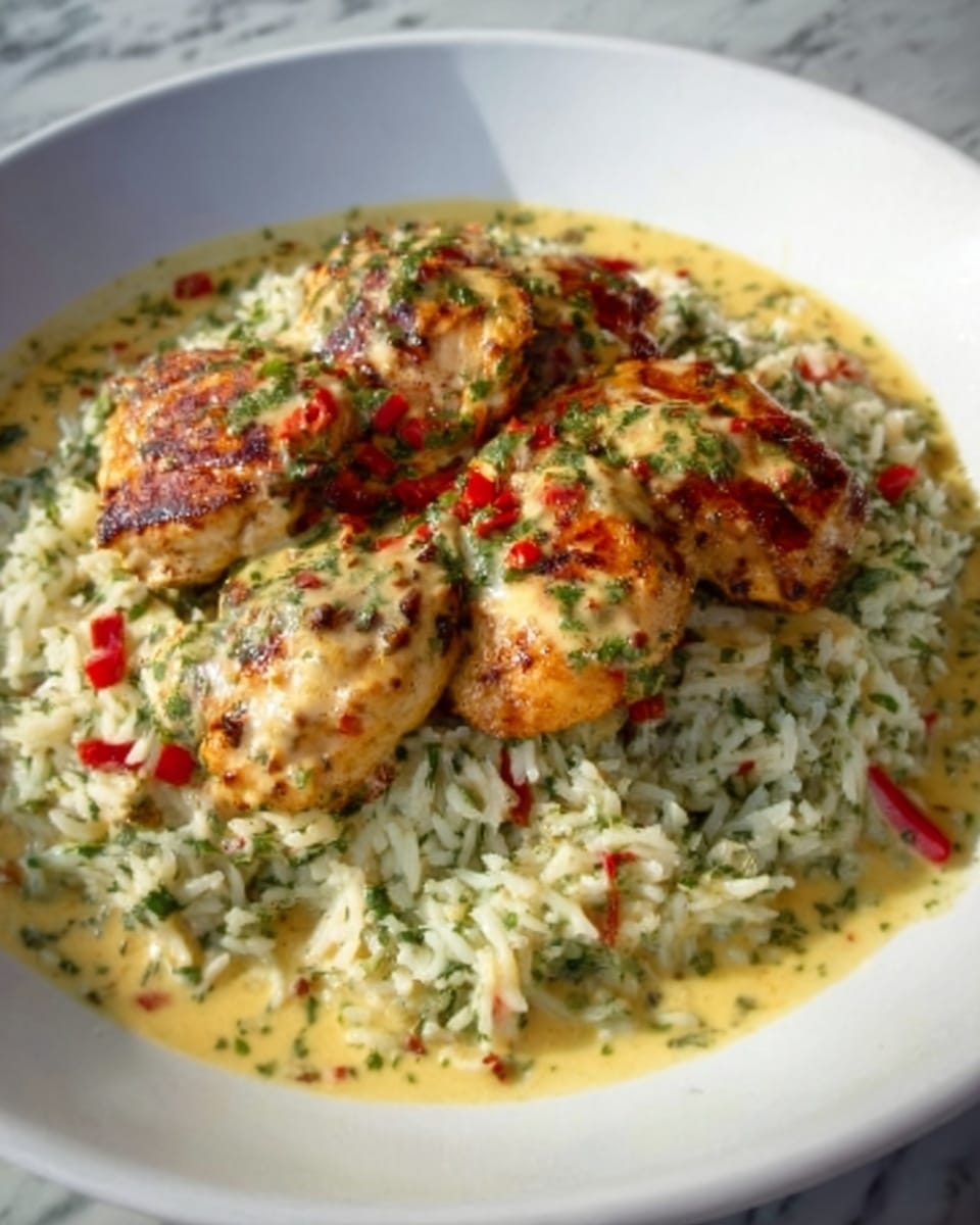 A white plate on a white marbled surface holds a dish with three golden-brown grilled chicken pieces on the left side, each piece slightly charred with visible herbs like chopped parsley sprinkled on top. Beneath the chicken is a light yellow creamy sauce with small red bits scattered through it. On the right side of the plate, there is a mound of white rice mixed with small green herbs, adding a bit of color and texture contrast to the dish. The image looks bright and cozy, with steam rising gently from the warm food. Photo taken with an iphone --ar 4:5 --v 7