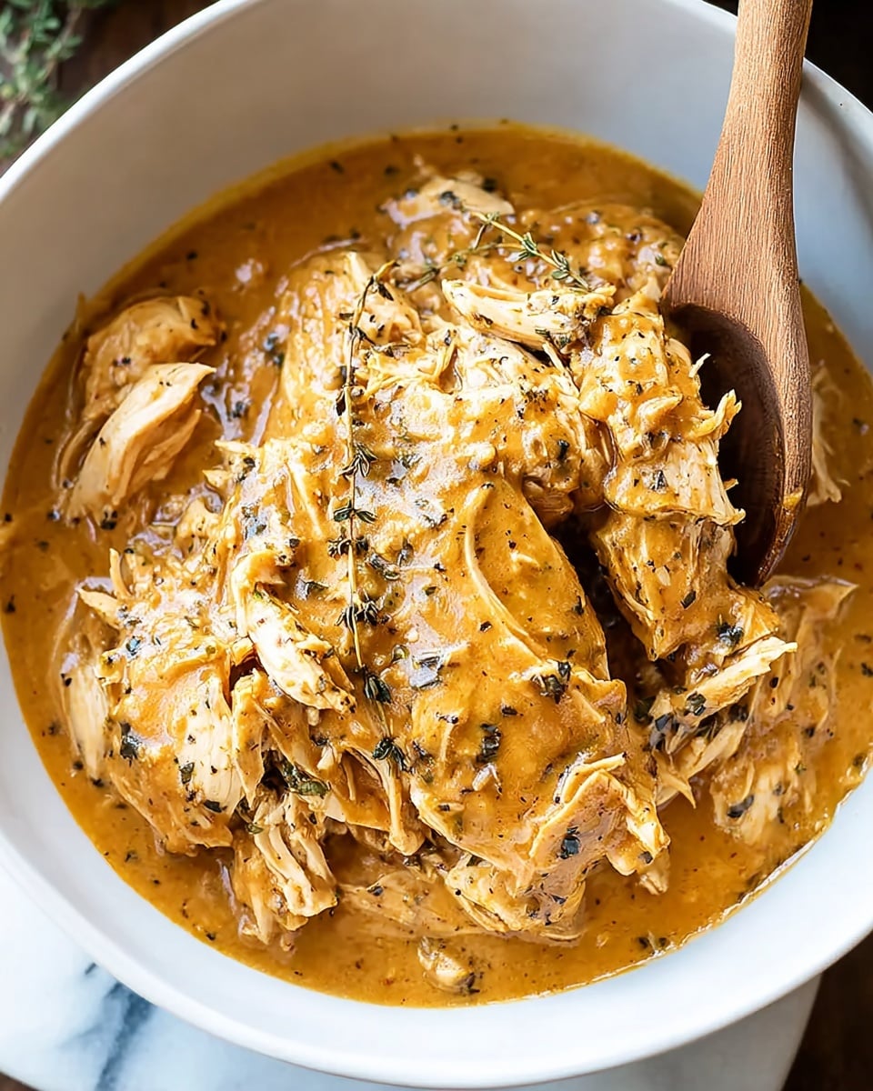 A white bowl filled with several large pieces of shredded chicken covered in a thick, creamy orange-brown sauce with visible green herbs and black pepper sprinkled on top; a wooden spoon rests inside the bowl, partially submerged in the sauce, all placed on a white marbled surface. photo taken with an iphone --ar 4:5 --v 7