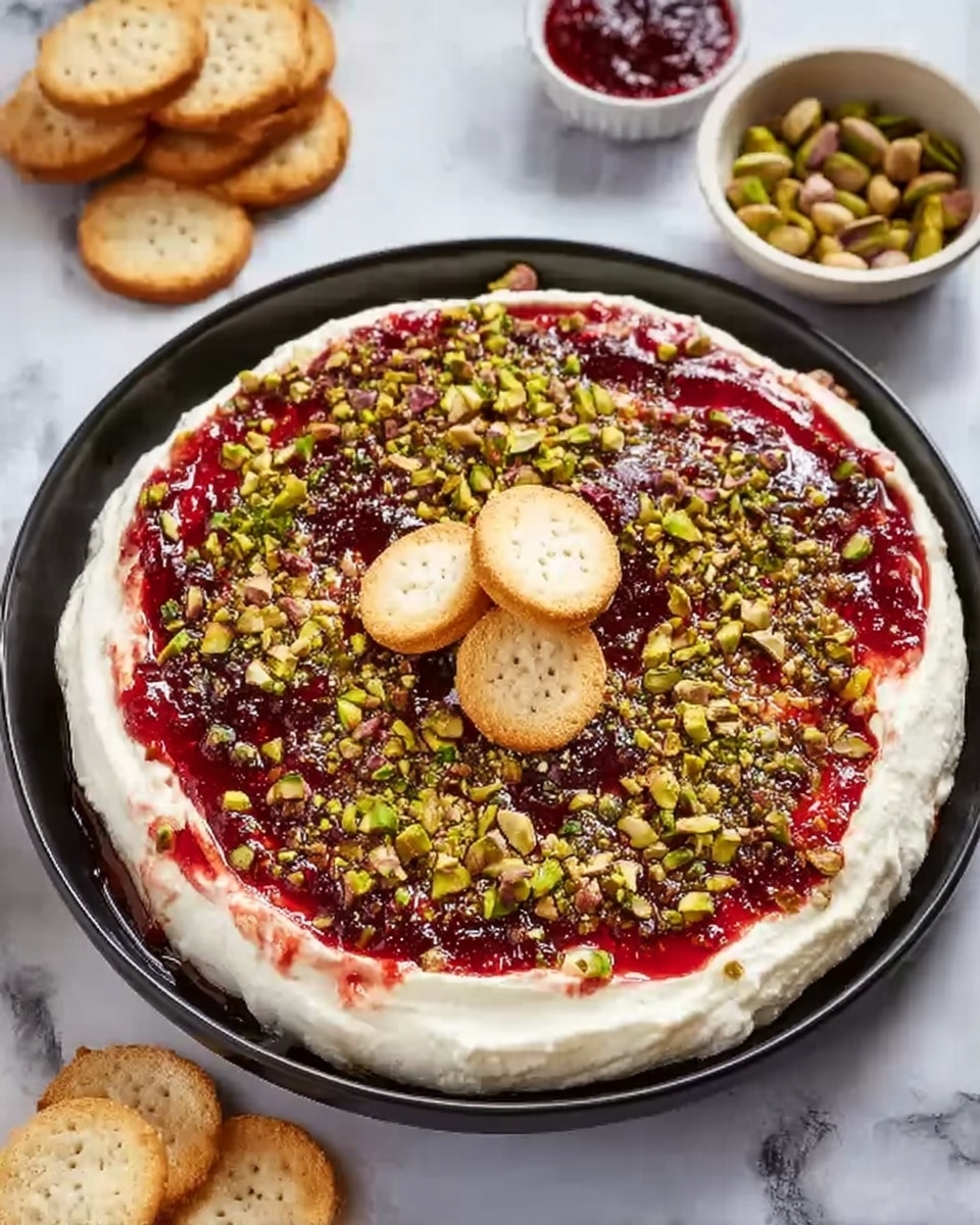 The dish shows a round layer of thick white cream spread evenly on a white plate with a dark rim, covering the base. On top of the cream, there is a swirling layer of shiny red jam scattered with chopped green pistachios creating a textured, colorful pattern. In the center, two small round beige crackers sit stacked. In the background, there are a few more crackers and a small white bowl with more pistachios on a white marbled surface. The photo captures the dish from above, showing clear details and bright colors. photo taken with an iphone --ar 4:5 --v 7