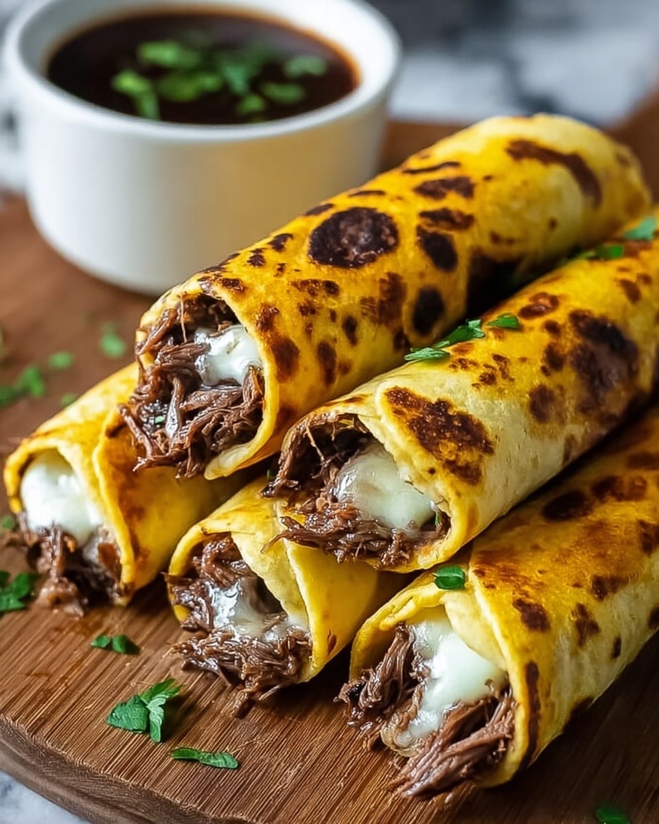The image shows four rolled tacos placed closely together on a wooden board, each taco having a golden-yellow outer shell with dark brown spots from cooking. Inside, the tacos are filled with shredded dark brown meat mixed with melted white cheese peeking out from the open ends. Small green herb leaves are scattered on top of the tacos and around the board, adding a touch of color. In the blurred background, there is a white cup filled with dark brown dipping sauce, also garnished with green herbs. The whole scene is set on a white marbled textured surface. photo taken with an iphone --ar 4:5 --v 7