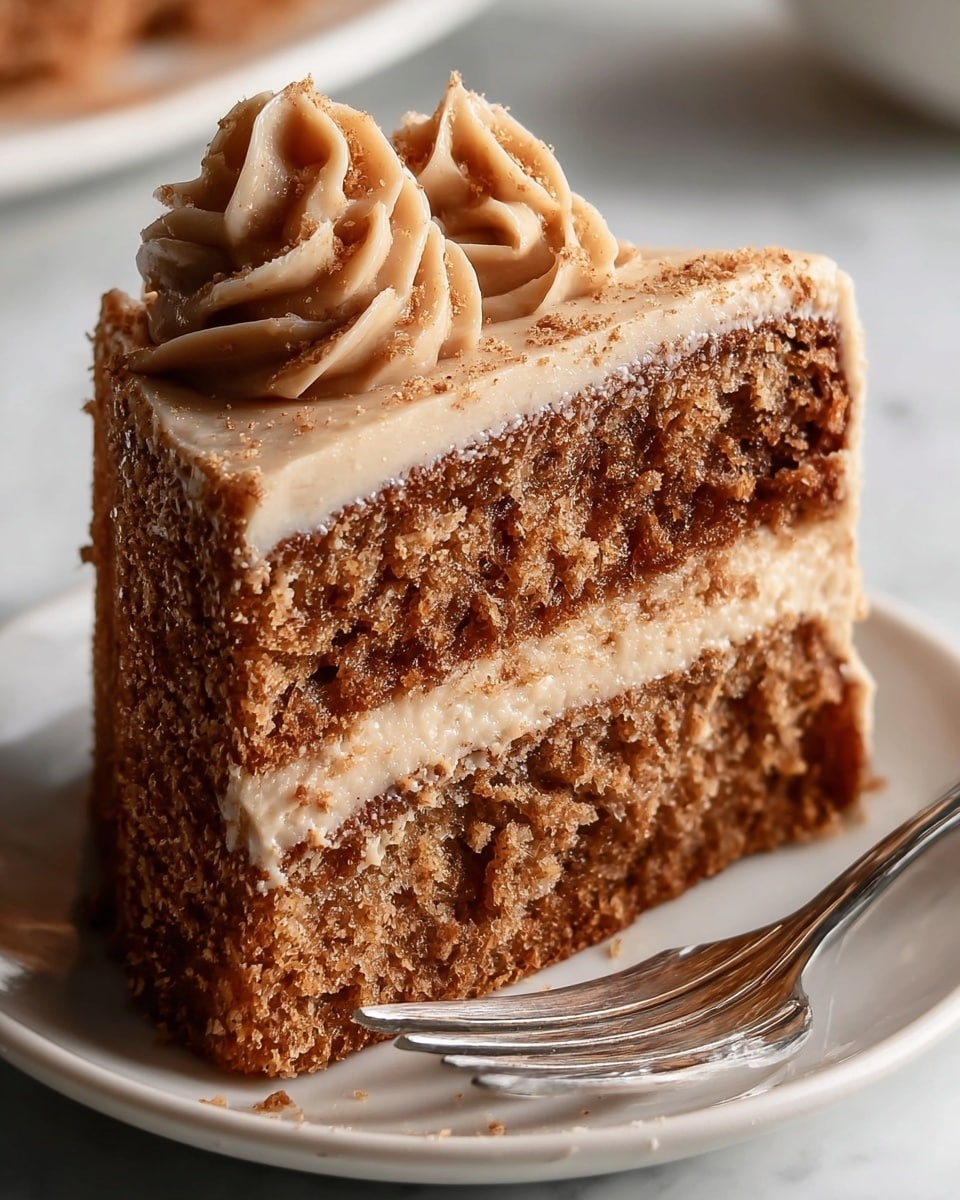A close-up view of a two-layer coffee-colored cake slice with a moist and crumbly texture, filled with a thick middle layer of caramel-brown cream. The top layer of the cake is covered with smooth light beige frosting and decorated with swirls of a slightly darker frosting sprinkled with fine crumbs. The cake slice sits on a white plate with light grey speckles, and a small silver fork lays beside it. The background is blurred with warm brown shades, and the surface is a white marbled texture. photo taken with an iphone --ar 4:5 --v 7