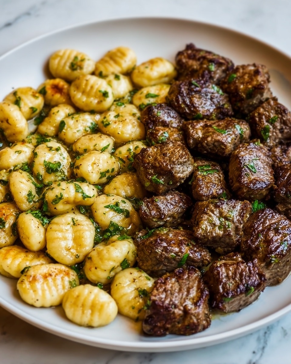 The image shows a white plate filled with two main sections of food. On the left, there is a layer of small, round gnocchi pasta that are light golden with a soft texture, topped with green chopped herbs. On the right side, there are dark brown, grilled meat pieces with a slightly crispy outside and a juicy inside, closely packed together. Both parts have a slightly shiny glaze, and the plate is set on a white marbled surface. photo taken with an iphone --ar 4:5 --v 7