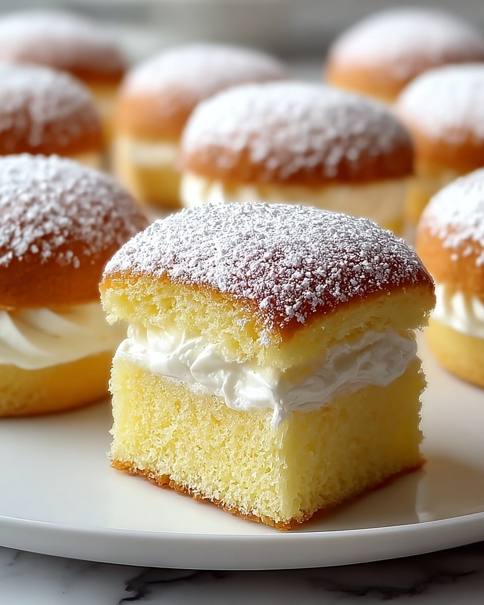 A close-up view of a small cream-filled cake arranged on a white plate. Each cake has three layers: a light golden brown top layer dusted with white powdered sugar, a soft yellow sponge cake middle layer, and a thick white whipped cream filling sandwiched between two parts of the sponge cake. The texture of the sponge is fluffy and moist, while the cream looks smooth and airy. Multiple cakes are in the background, out of focus, showing the same layered look. The surface underneath the plate is a white marbled texture. photo taken with an iphone --ar 4:5 --v 7