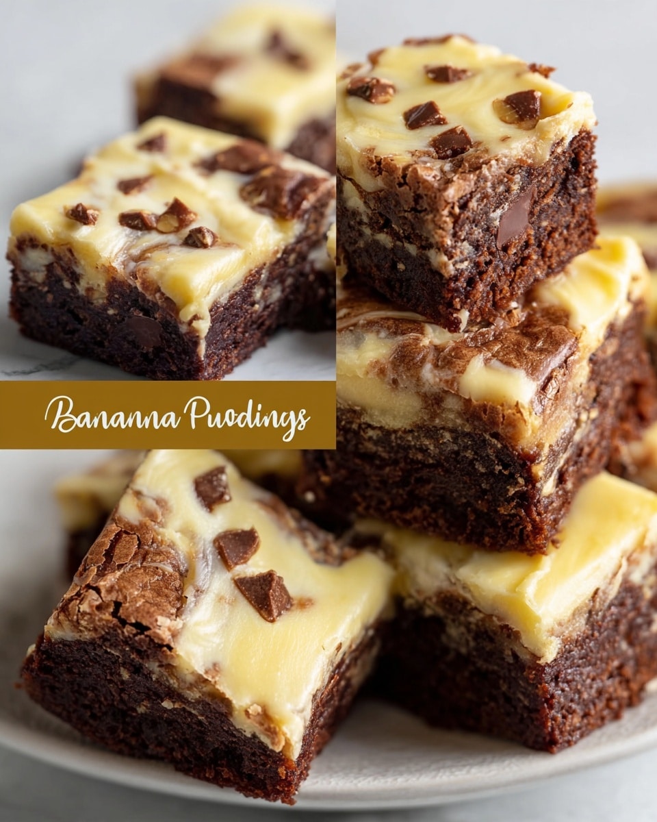 The image shows thick, square banana pudding brownies arranged on a white plate with a white marbled surface. Each brownie has two visible layers: a dense, dark brown brownie base topped with a creamy, light yellow banana pudding layer that looks smooth with a slightly swirled texture. The top layer is dotted with small chunks of chocolate or nuts, adding texture contrast. The brownies are stacked unevenly, showing the thickness and moistness of each piece. The close-up view highlights the rich, soft texture and the mix of colors from dark brown to creamy yellow. photo taken with an iphone --ar 4:5 --v 7