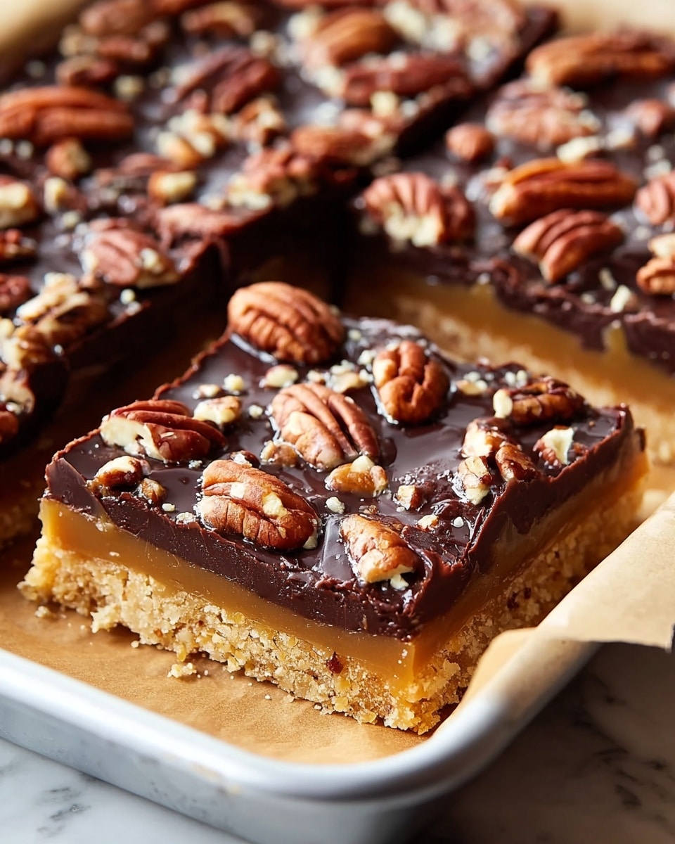 The image shows a close-up of two square dessert bars placed side by side in a white baking pan lined with parchment paper. Each bar has three visible layers: the bottom is a crumbly, golden-brown crust that looks crunchy, the middle layer is a thick, light caramel-colored filling with a smooth texture, and the top is a glossy dark chocolate layer topped with whole and chopped pecan nuts scattered evenly across the surface. The rich textures and shiny chocolate topping make the bars look very tempting. The background is a white marbled surface. Photo taken with an iphone --ar 4:5 --v 7