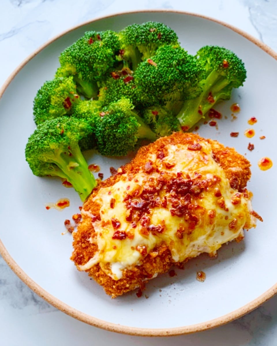 The image shows a white plate on a white marbled surface holding a crispy piece of fried chicken covered with melted cheese and small bits of sauce, sitting at the bottom left. On the top right, there are several steamed broccoli florets with a bright green color, sprinkled lightly with red seasoning and some small pieces of sauce drops around. Photo taken with an iphone --ar 4:5 --v 7