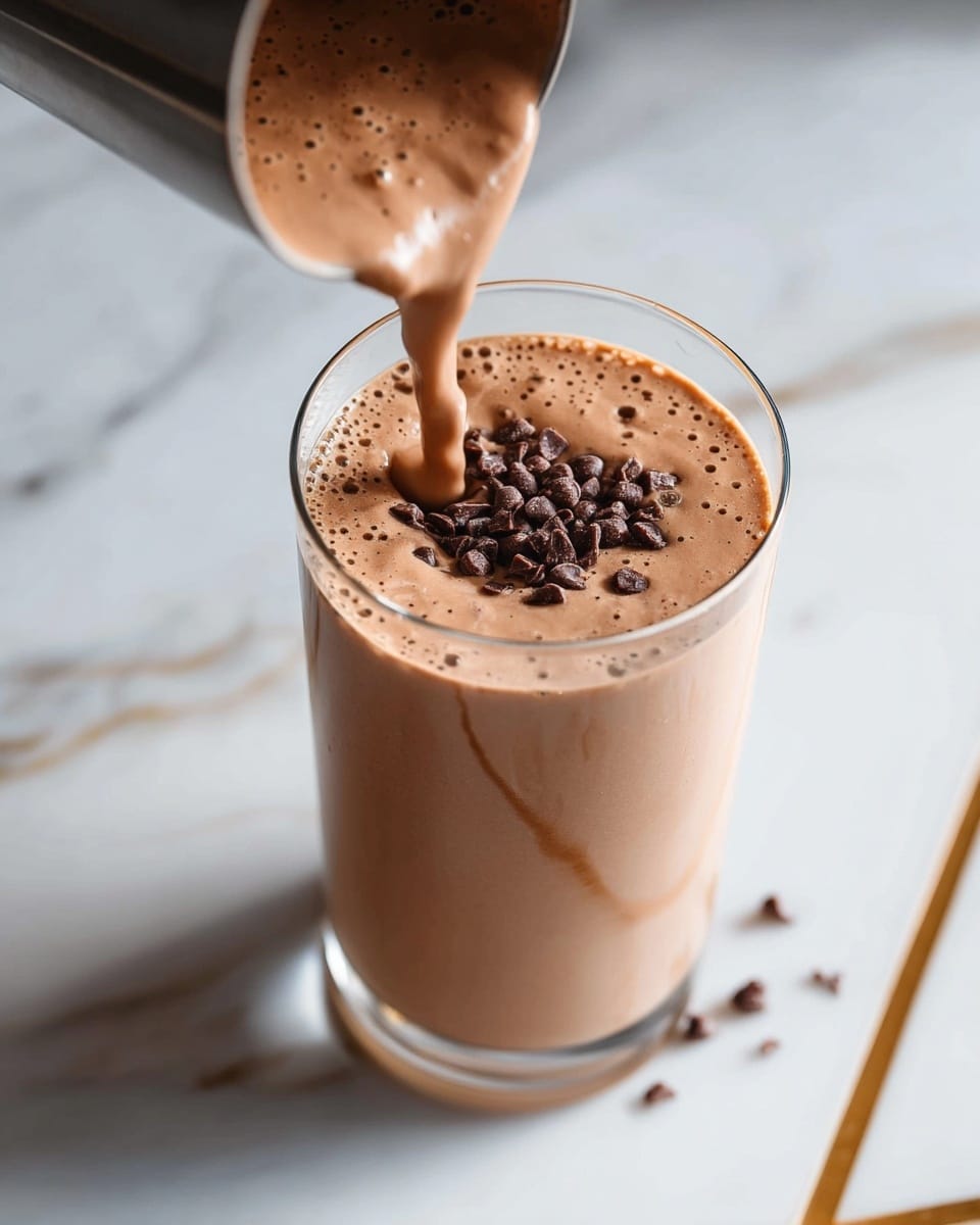 A clear glass filled with a creamy, light brown smoothie topped with a small heap of dark chocolate chips, with more of the smoothie being poured in from a metallic cup above; the smoothie looks thick and frothy with small air bubbles on the surface, all set on a white marbled texture with faint gray veins and golden lines crossing underneath. photo taken with an iphone --ar 4:5 --v 7