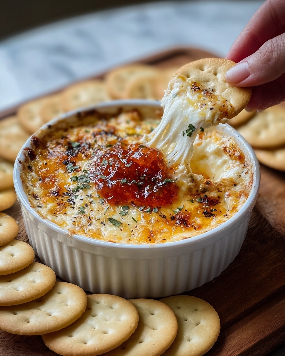 A white round dish filled with a baked creamy cheese dip that has a golden brown top layer with some melted cheese stretching as a woman's hand lifts a light golden cracker from the edge. The dip has a bright red chunky sauce in the center, sprinkled with green herbs and small black pepper flakes, and there is an orange oily glaze around the edges. The dish sits on a wooden board surrounded by a ring of matching light golden crackers. The background shows a white marbled surface. photo taken with an iphone --ar 4:5 --v 7