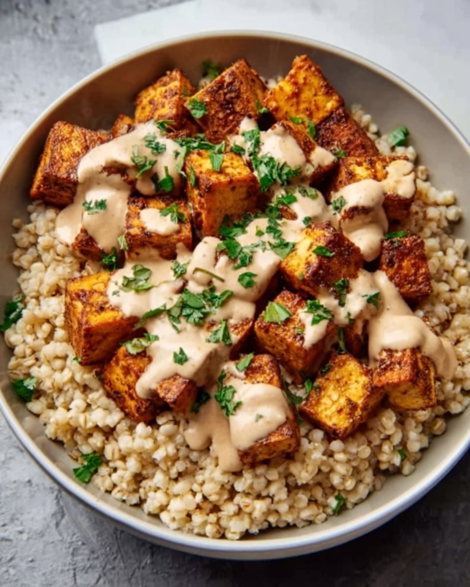A white bowl filled with three layers: the bottom layer is light beige cooked grains, the middle layer consists of cubed, golden-brown roasted tofu with a slightly crispy texture, and the top layer is a creamy light brown sauce drizzled unevenly over the tofu. Small chopped green herbs are sprinkled over the sauce, adding a fresh color contrast. The bowl is placed on a white marbled surface. Photo taken with an iphone --ar 4:5 --v 7