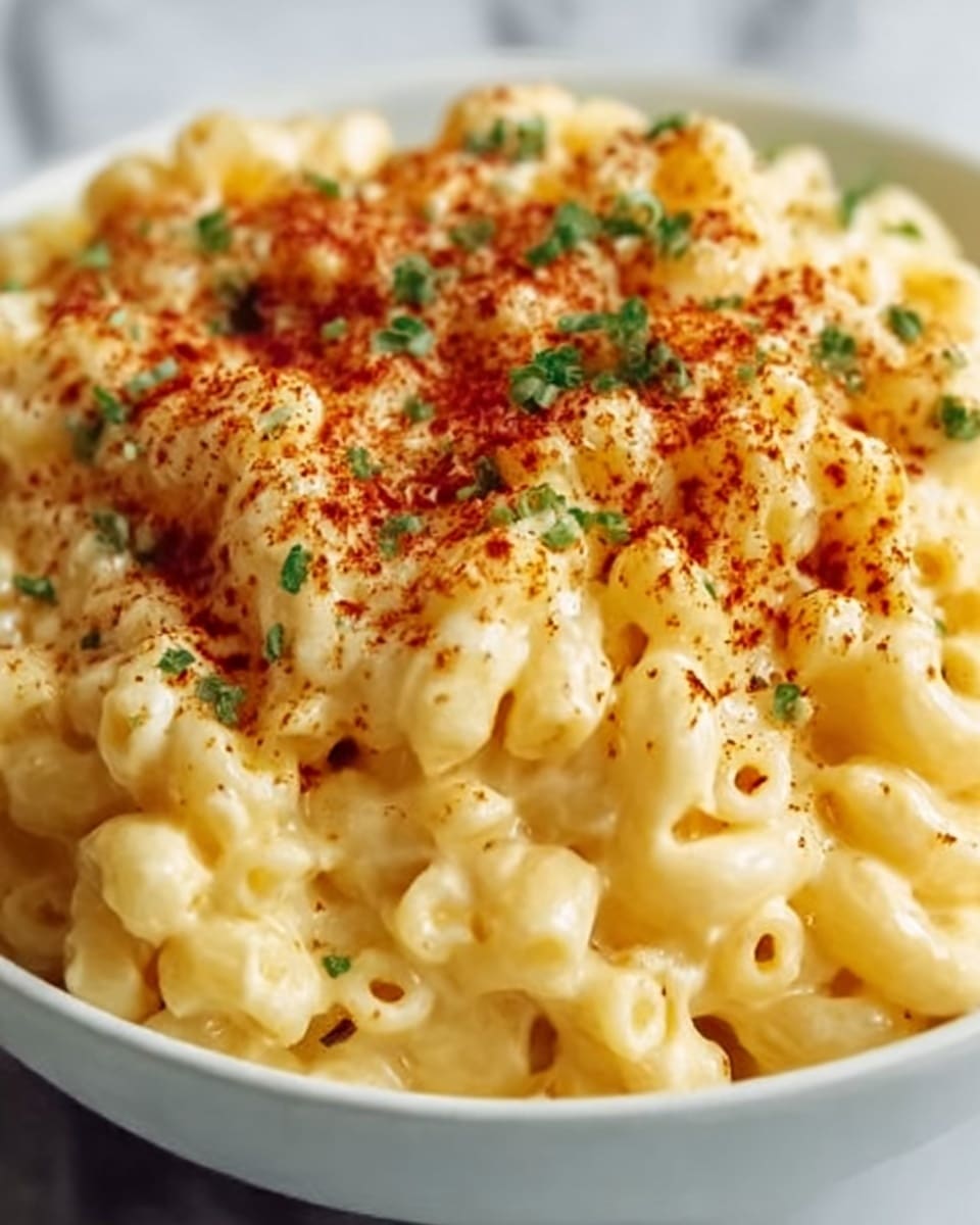 A close-up of creamy macaroni and cheese served in a white bowl, showing about two layers of tender pasta tubes covered evenly in a smooth, thick, yellow cheese sauce. On top, there is a light sprinkle of reddish paprika and small green herb pieces scattered for color contrast. The cheese sauce looks creamy and shiny, gently coating the pasta with a soft, rich texture. The bowl sits on a white marbled surface. photo taken with an iphone --ar 4:5 --v 7