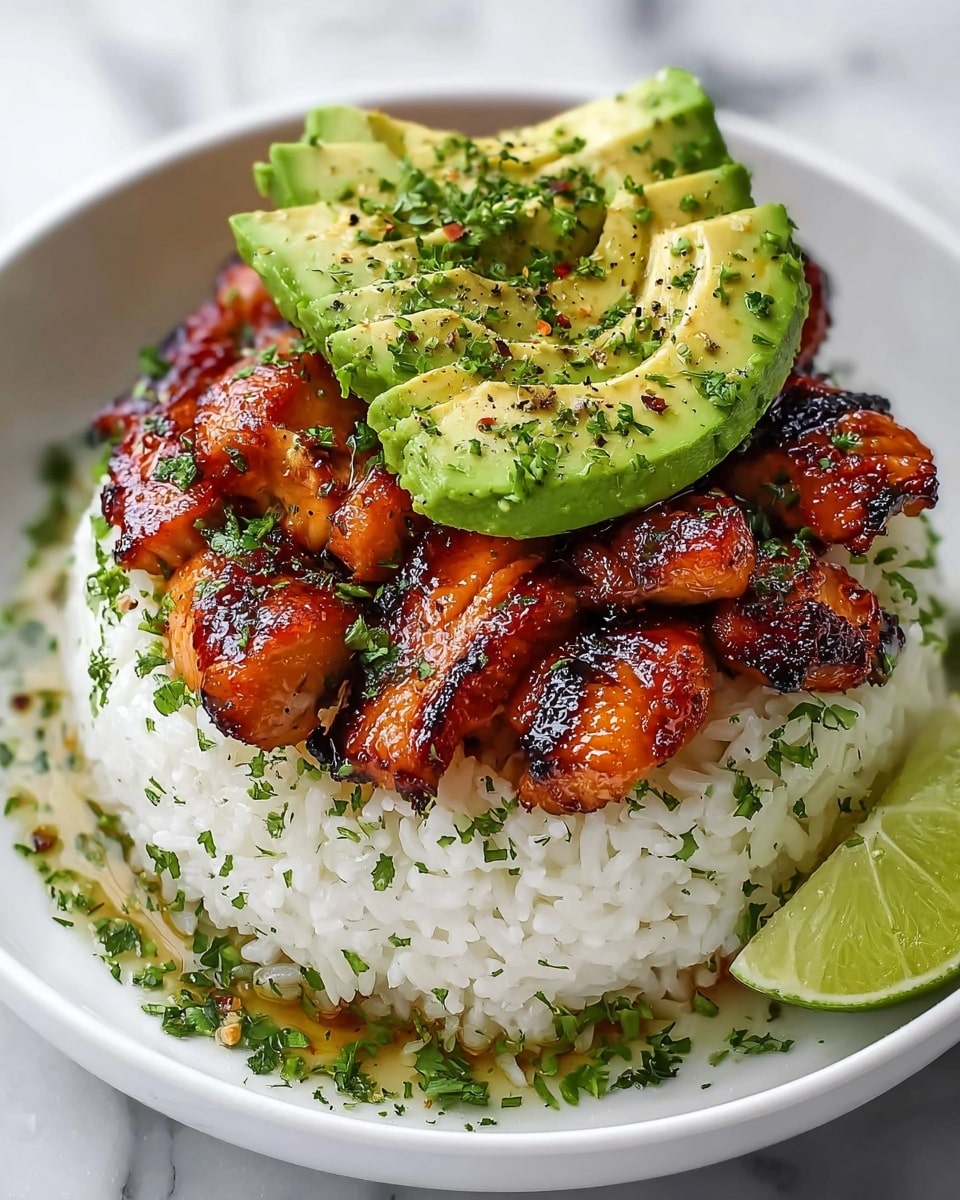 A white bowl holds three main layers: the bottom layer is a thick, round mound of fluffy white rice with some green herbs sprinkled on top and around the edges; above this is a glossy layer of dark, grilled salmon pieces arranged closely in a circular shape, showing a caramelized, slightly charred texture; on top, there are two slices of bright green avocado, garnished with finely chopped green herbs and black pepper. A wedge of lime rests on the side of the bowl, and the whole dish is set against a white marbled surface. photo taken with an iphone --ar 4:5 --v 7