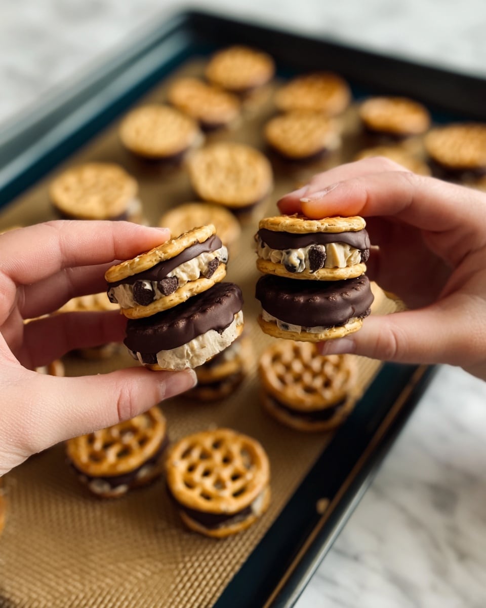 Two small round stacked snacks held by two pairs of hands are shown close up, with a soft focus on the background holding many more of the same snacks on a white marbled surface. Each snack has three layers: a light brown pretzel top with a hole pattern, a middle beige cookie dough layer with visible chocolate chips, and a bottom layer which is either solid dark chocolate or plain pretzel. The snacks are neatly arranged on a black baking tray with a textured non-stick mat. Photo taken with an iphone --ar 4:5 --v 7