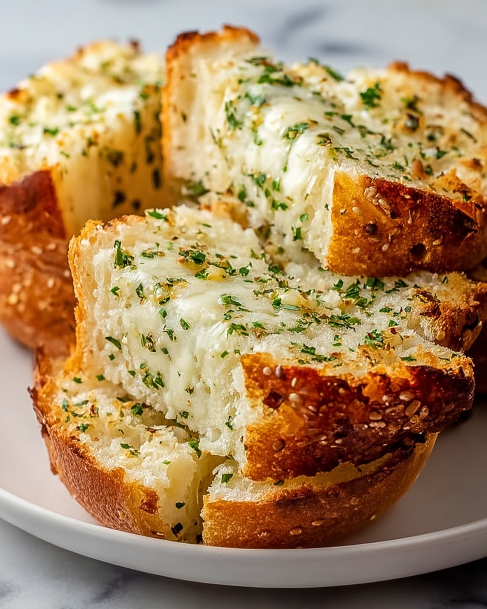 A white plate holds several thick slices of garlic bread arranged in a slightly overlapped row. Each slice has a golden-brown crust with a sprinkling of herbs and small bits of garlic on top. The inside layers of the bread are soft and white, with melted cheese and finely chopped green herbs spread evenly across the surface. The bread’s texture looks crisp on the edges and soft in the middle. The plate sits on a white marbled textured surface. Photo taken with an iphone --ar 4:5 --v 7