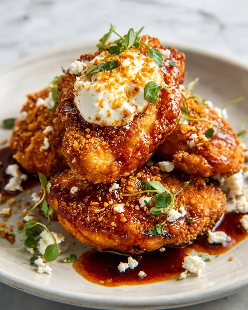 The image shows three golden-brown fried chicken pieces stacked slightly overlapping on a white plate. Each piece has a crispy, crumbly texture with a rich reddish-brown sauce drizzled over them. On top, there is a dollop of creamy white sauce sprinkled with tiny orange seasoning. Small white crumbles and green herbs are scattered across the chicken and plate, adding contrast. A small pool of dark reddish sauce sits on the side. The plate rests on a white marbled surface. photo taken with an iphone --ar 4:5 --v 7
