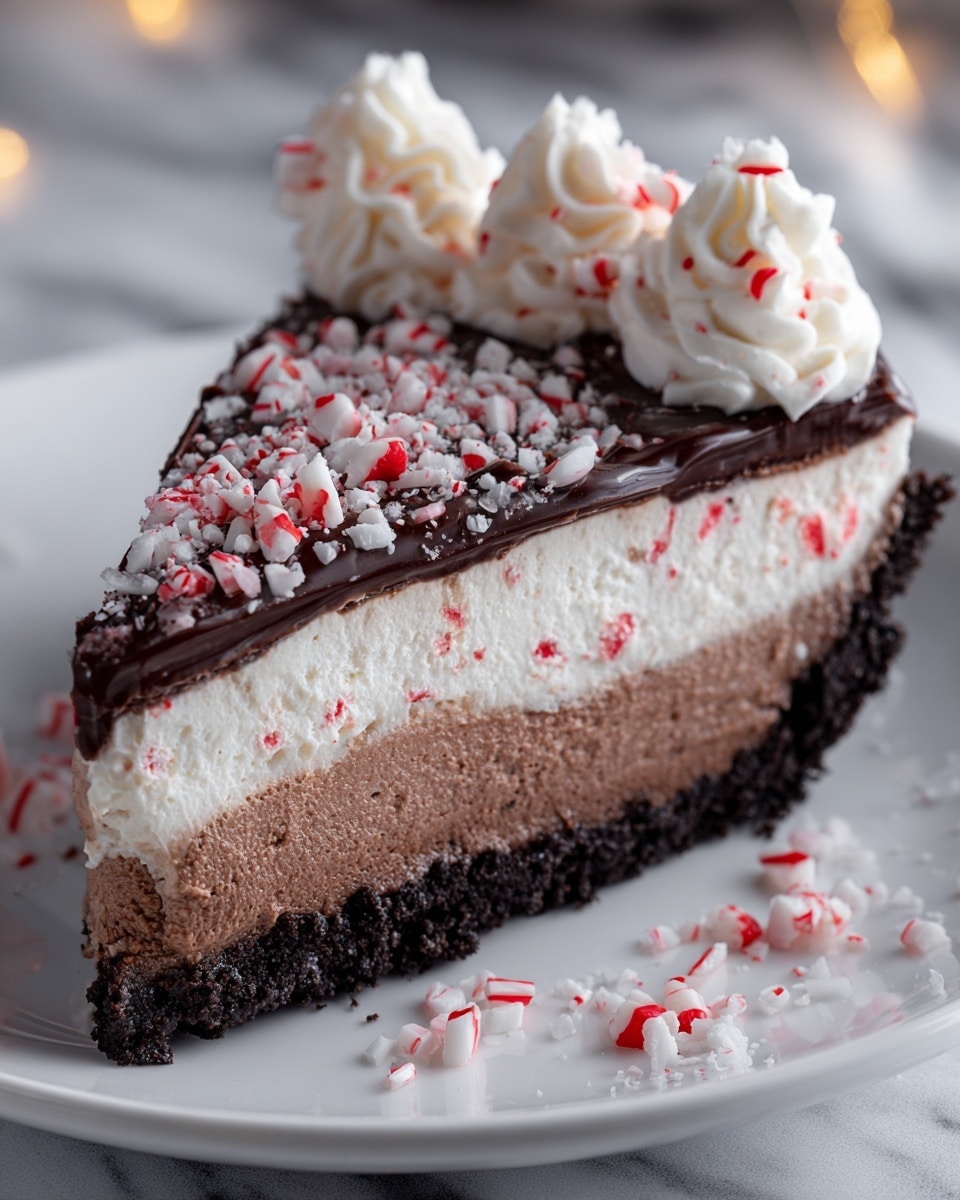 A slice of layered dessert sits on a white plate on a white marbled texture. The bottom layer is dark and crumbly, likely a chocolate crust. Above it is a smooth, medium brown layer, possibly chocolate mousse. The third layer is thick, white with small red specks, soft and creamy, resembling peppermint cream. The top layer is glossy dark chocolate ganache spread unevenly with pieces of crushed red and white peppermint candy sprinkled on top. Three swirls of white whipped cream with a light dusting of red peppermint shards line the back edge of the slice. Some crushed peppermint pieces are scattered on the plate around the dessert. Photo taken with an iphone --ar 4:5 --v 7