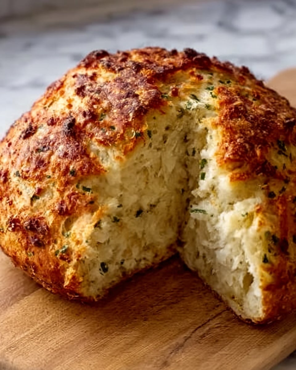 A round loaf of bread is shown with a golden-brown crust covered in melted cheese and herbs. A wedge is cut out, revealing the soft, light inside with small air holes and bits of green herbs mixed throughout. The bread sits on a wooden board with crumbs scattered around. The scene is bright with a white marbled surface in the background. Photo taken with an iphone --ar 4:5 --v 7