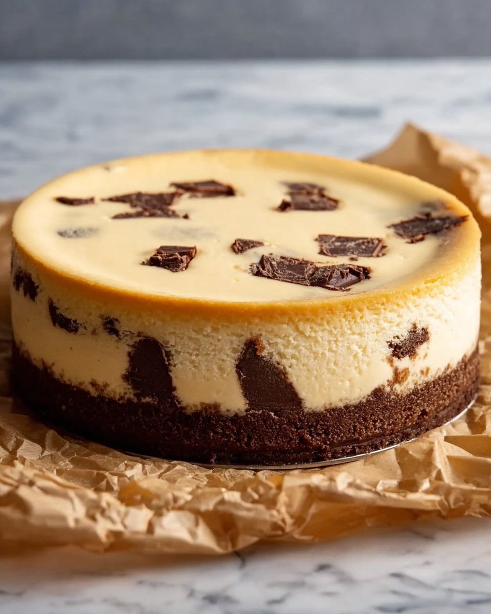 A round cheesecake with three clear layers is shown, sitting on crumpled parchment paper over a white marbled texture. The bottom layer is a dark brown, crumbly crust with a rough texture slightly uneven around the edge. The middle layer is thick and creamy off-white, embedded with irregularly shaped dark chocolate chunks around the sides. The top layer is smooth, light yellow, and evenly spread with a slight crack near the edge. The cheesecake has clean vertical sides and a flat top, with soft lighting highlighting the textures. Photo taken with an iphone --ar 4:5 --v 7