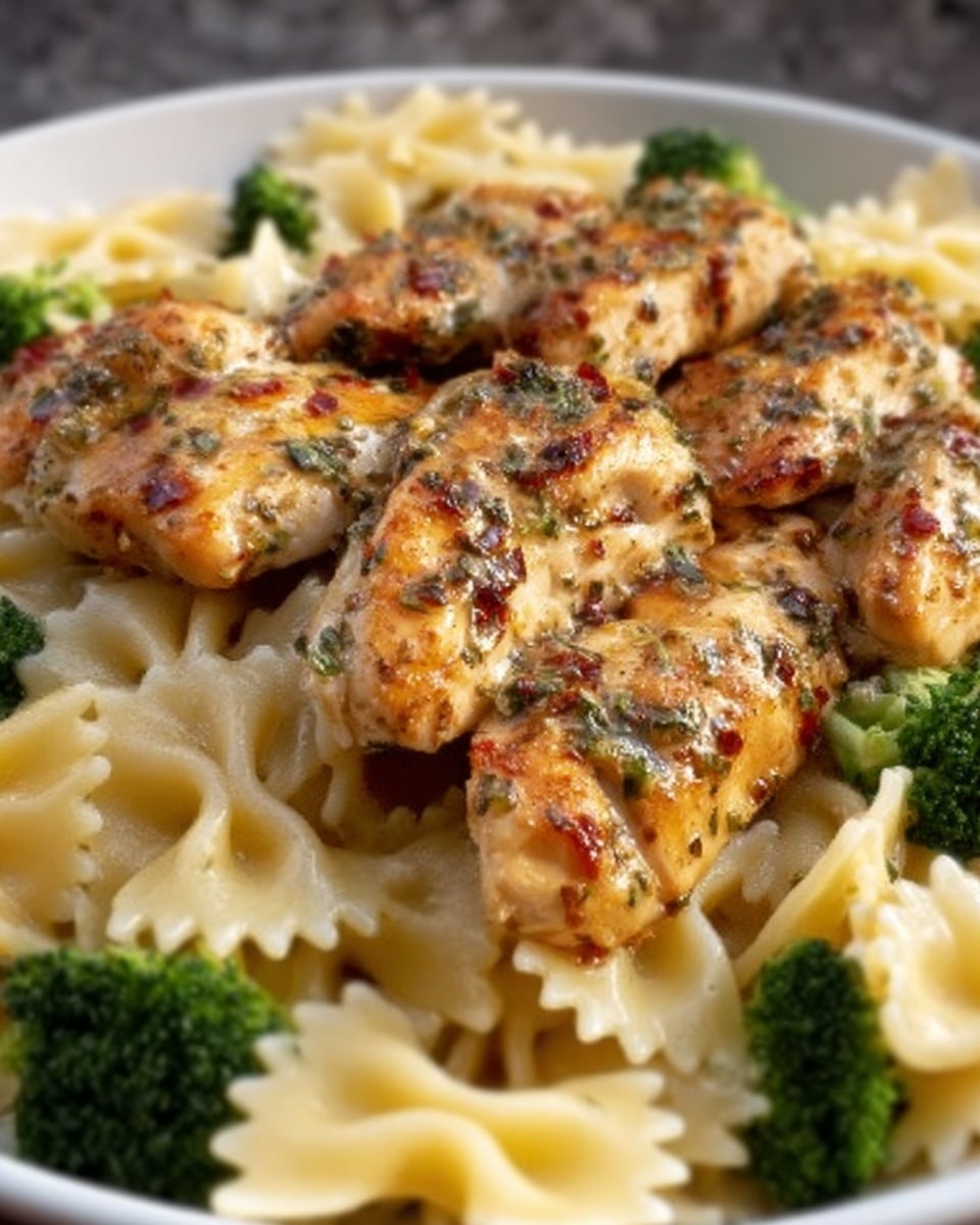 A white plate filled with farfalle pasta at the bottom, pale yellow in color and slightly glossy, topped with several grilled chicken pieces that are golden brown with a charred texture and sprinkled with green herbs, interspersed with bright green broccoli florets, all arranged neatly. The surface under the plate is a white marbled texture. photo taken with an iphone --ar 4:5 --v 7