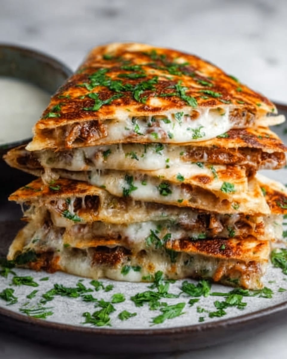 The image shows a stack of four golden-brown quesadilla slices, each layer filled with melted white cheese oozing out and bits of browned cooked meat mixed with green herbs. The top slice is sprinkled with fresh green cilantro, and the edges of the quesadillas are crispy and slightly charred. The quesadilla stack is placed on a white plate resting on a white marbled surface, with a small bowl of creamy white dipping sauce in the background. Photo taken with an iphone --ar 4:5 --v 7