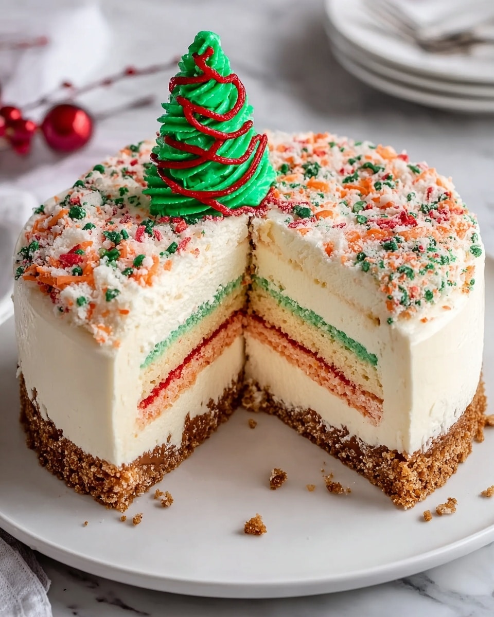 A round cake with a crumbly brown base layer topped by a thick smooth white cream cheese layer. Above that, there are two thin sponge layers, one with green and the other with red filling. The outside is coated in smooth white frosting, sprinkled with red and green crumbs on top. A small green frosting Christmas tree with red swirls sits on one side of the cake's top. The cake is on a white plate with colorful crumbs scattered on it, placed on a white marbled surface. photo taken with an iphone --ar 4:5 --v 7