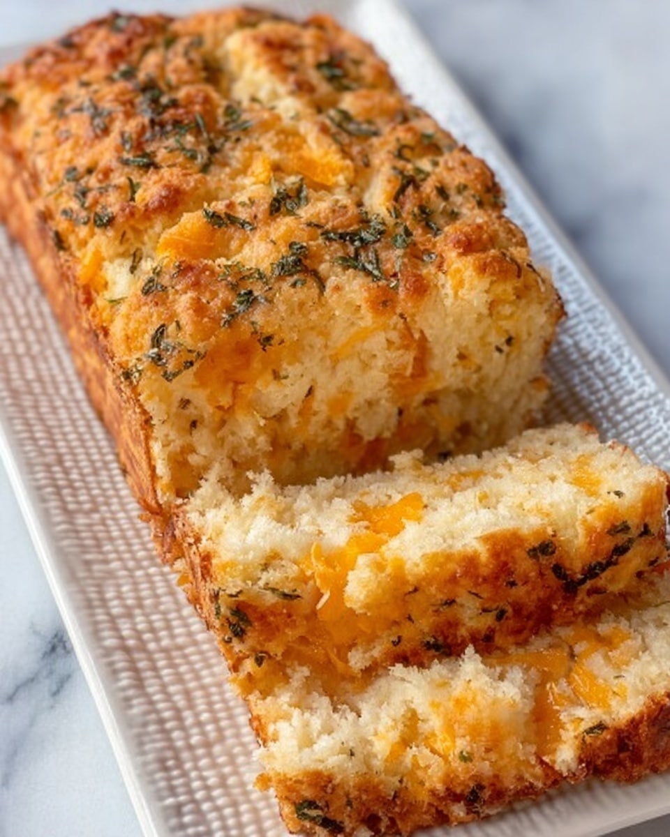 The image shows a loaf of cheesy bread on a white rectangular plate with a textured pattern. The bread has two visible slices cut in the front, revealing a soft and crumbly inside with bits of melted orange cheese scattered throughout. The crust is golden brown with a slightly rough texture and is sprinkled with green herbs on top, giving a speckled look. The white marbled surface beneath the plate contrasts with the bread's warm colors. Photo taken with an iphone --ar 4:5 --v 7