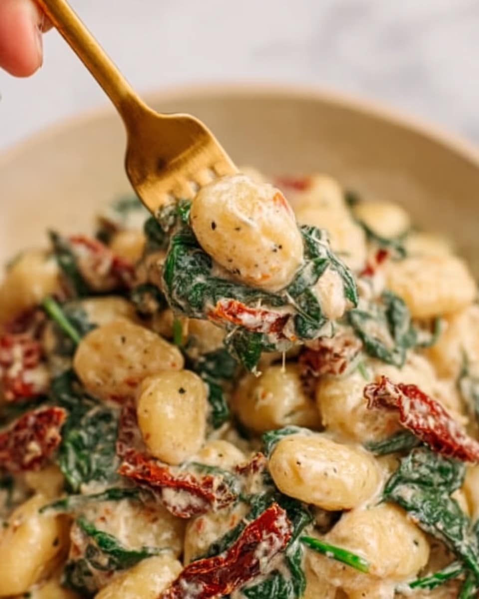 The image shows a close-up of creamy gnocchi being lifted by a golden fork held by a woman's hand. The gnocchi are small, soft, and light yellow, covered in a thick creamy sauce with visible black pepper and small herbs. There are layers of dark green spinach leaves and reddish-brown sun-dried tomatoes mixed throughout the dish, adding texture and color contrast. The background is blurred but appears to be the same gnocchi mixture. The overall look is rich and comforting. The photo is taken on a white marbled surface. Photo taken with an iphone --ar 4:5 --v 7