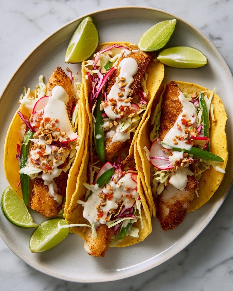 The image shows three fish tacos on a white oval plate placed on a white marbled surface. Each taco has one corn tortilla shell, toasted light brown with small char marks, holding a layer of crispy golden-brown fried fish at the center. On top of the fish are thin strips of shredded cabbage in white and purple, small pieces of red tomato salsa, and a drizzle of white creamy sauce. The tacos are garnished with crushed nuts and seeds mixed with spices, adding texture and color. Around the tacos on the plate are three green lime wedges, enhancing the fresh presentation. Photo taken with an iphone --ar 4:5 --v 7