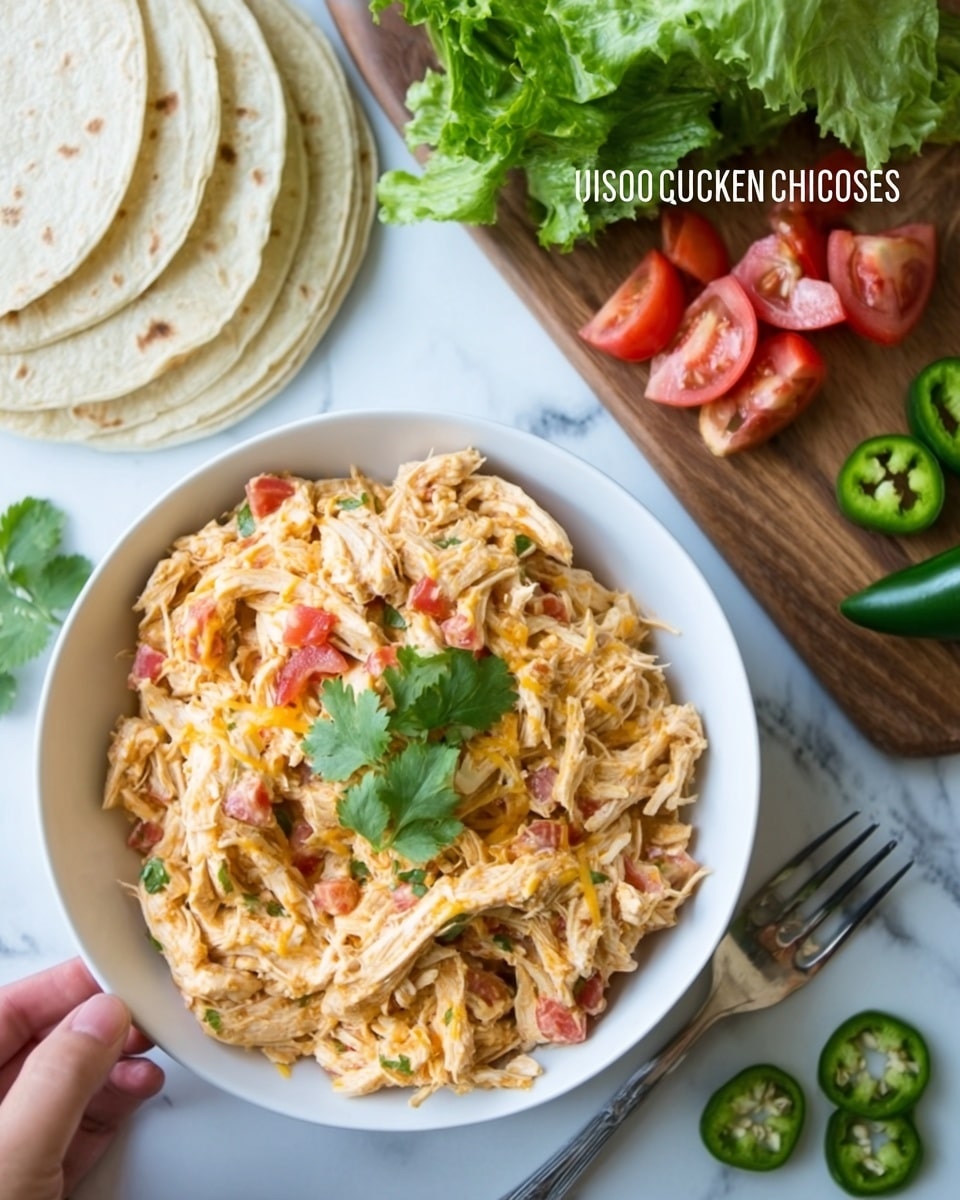 The image shows a white bowl filled with shredded chicken mixed with melted cheese and small tomato pieces, topped with a few cilantro leaves. To the top left of the bowl, there are soft white tortillas stacked neatly. Along the upper right edge of the image, there are fresh green lettuce leaves, whole green jalapeños, sliced jalapeños, and diced red tomatoes, all placed on a wooden board, which is sitting on a white marbled surface. A silver fork rests next to the bowl on the right side. The scene has bright natural light, giving it a fresh and inviting look. Photo taken with an iphone --ar 4:5 --v 7
