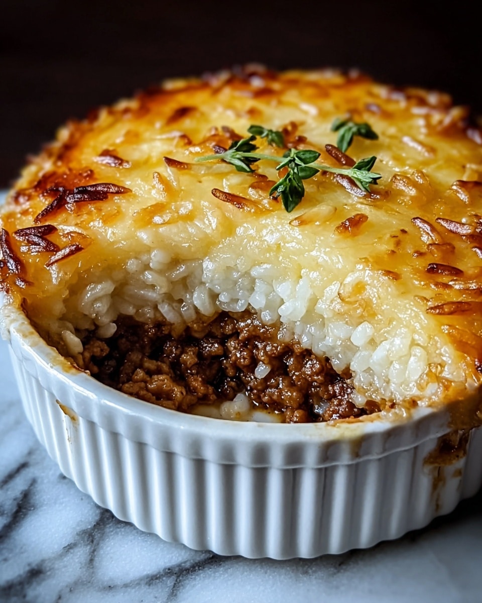 A close-up view of a baked layered dish in a white round ceramic ramekin with ridged sides. The dish has three visible layers: at the bottom, a rich dark brown minced meat layer with a crumbly texture, in the middle, a thick layer of moist white cooked rice, and on top, a golden brown crispy baked cheese layer that is slightly browned in spots with a few small green herb sprigs placed on top. Some rice grains are sticking out over the edge of the ramekin. The dish is placed on a dark surface with a white marbled texture in the background. photo taken with an iphone --ar 4:5 --v 7